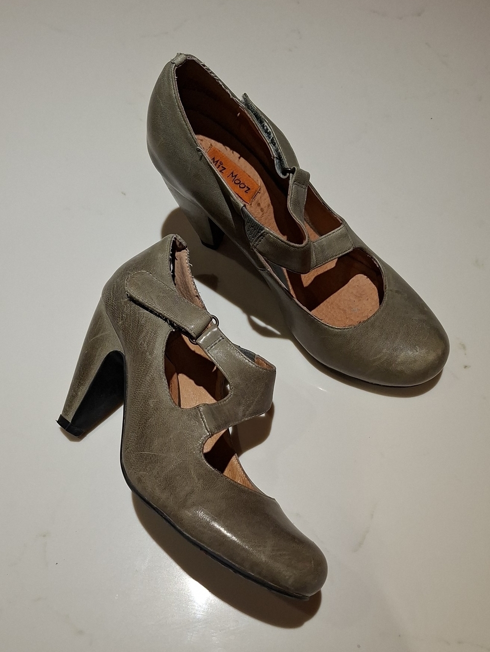Miz Mooz Sage Green Leather "Selma" Retro Mary Jane Heels (Size US 6.5)